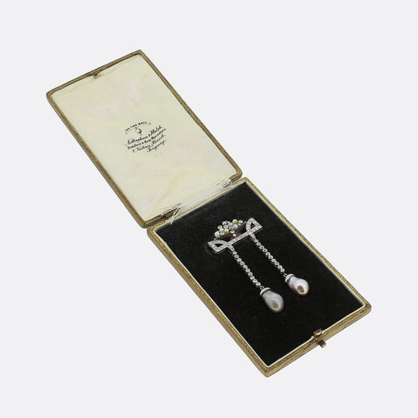 Art  Deco Natural Pearl Diamond and Enamel Drop Brooch