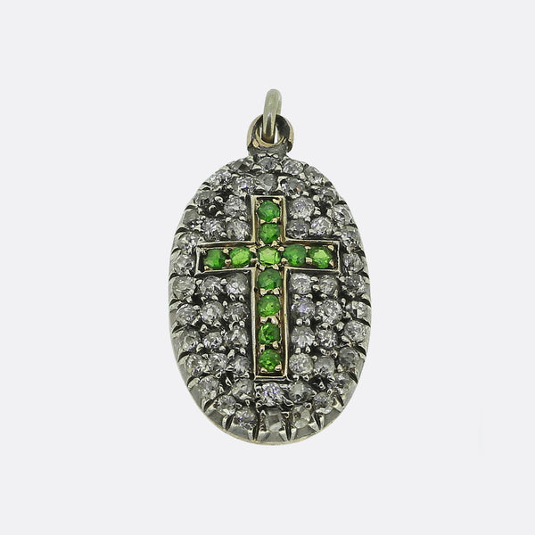 Victorian Demantoid Garnet and Diamond Cross Locket Pendant