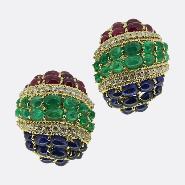 Vintage Cabochon Gemstone and Diamond Earrings