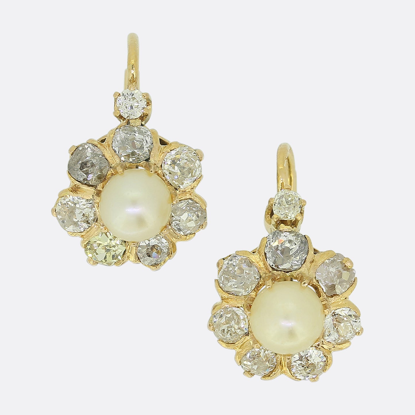 Antique French Natural Pearl and Diamond Cluster Earrings