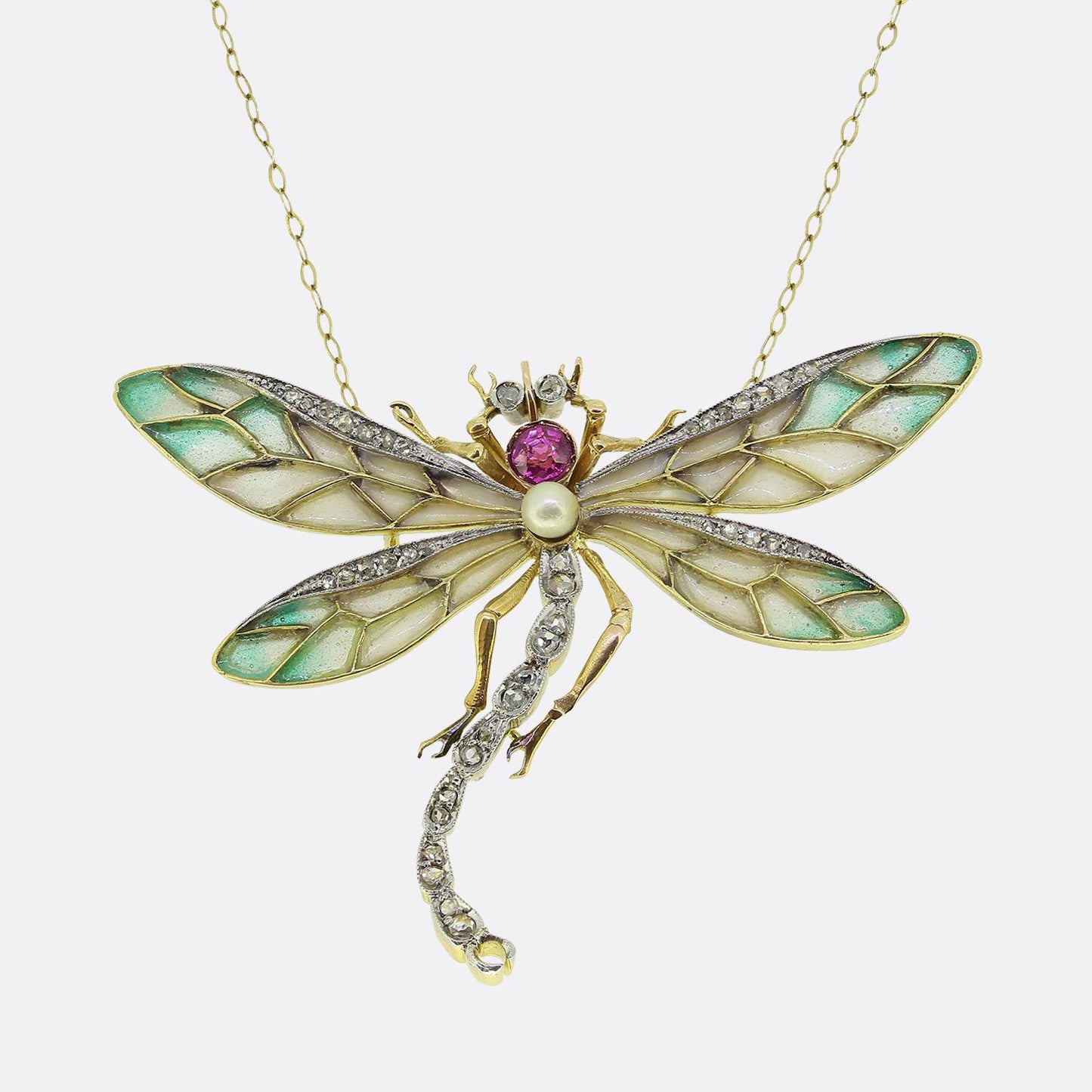 Art Nouveau Plique-A-Jour Pink Sapphire Pearl and Diamond Dragonfly Necklace