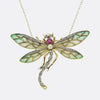 Art Nouveau Plique-A-Jour Pink Sapphire Pearl and Diamond Dragonfly Necklace