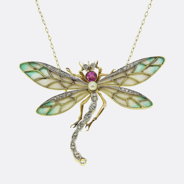 Art Nouveau Plique-A-Jour Pink Sapphire Pearl and Diamond Dragonfly Necklace