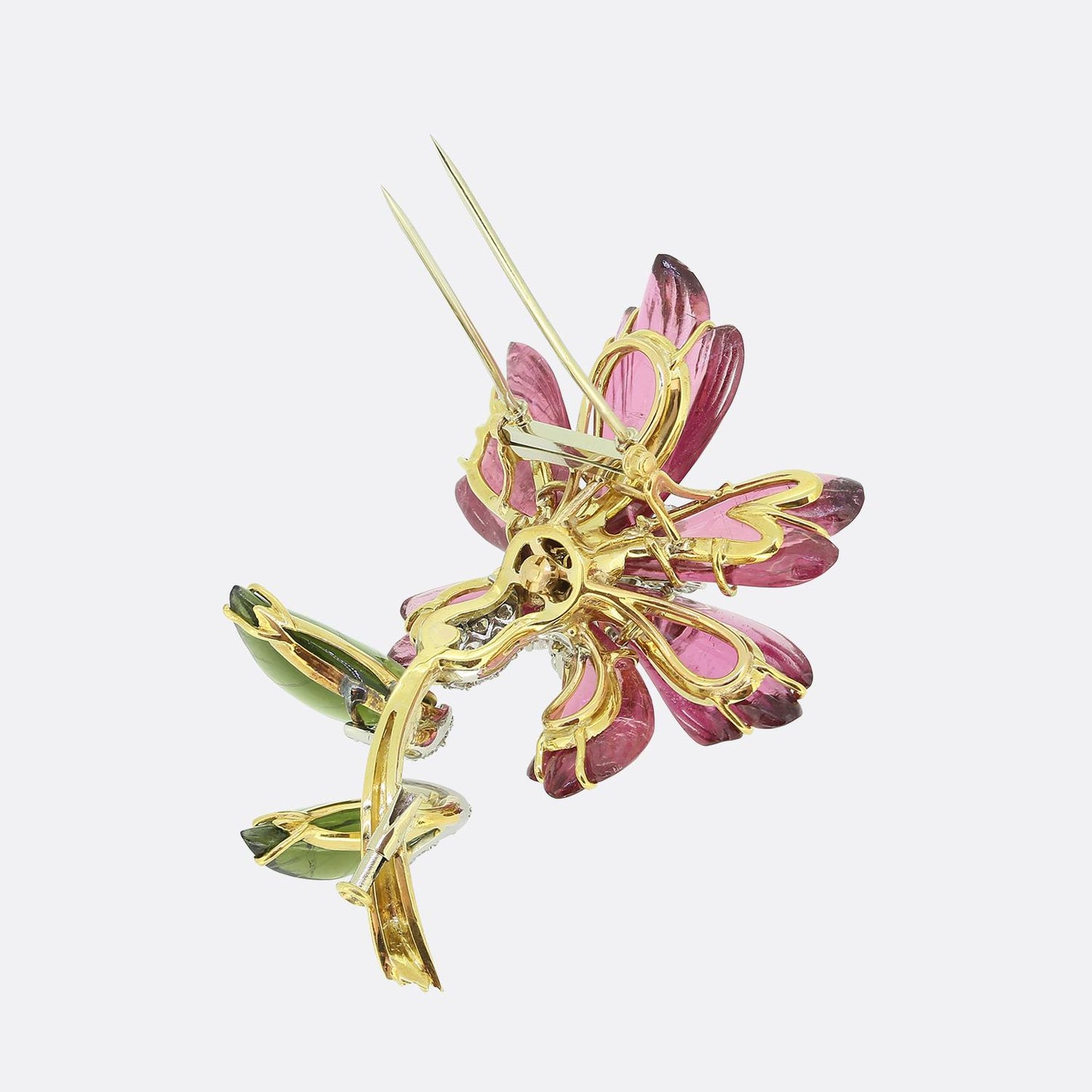 Vintage Tourmaline Emerald and Diamond Flower Brooch