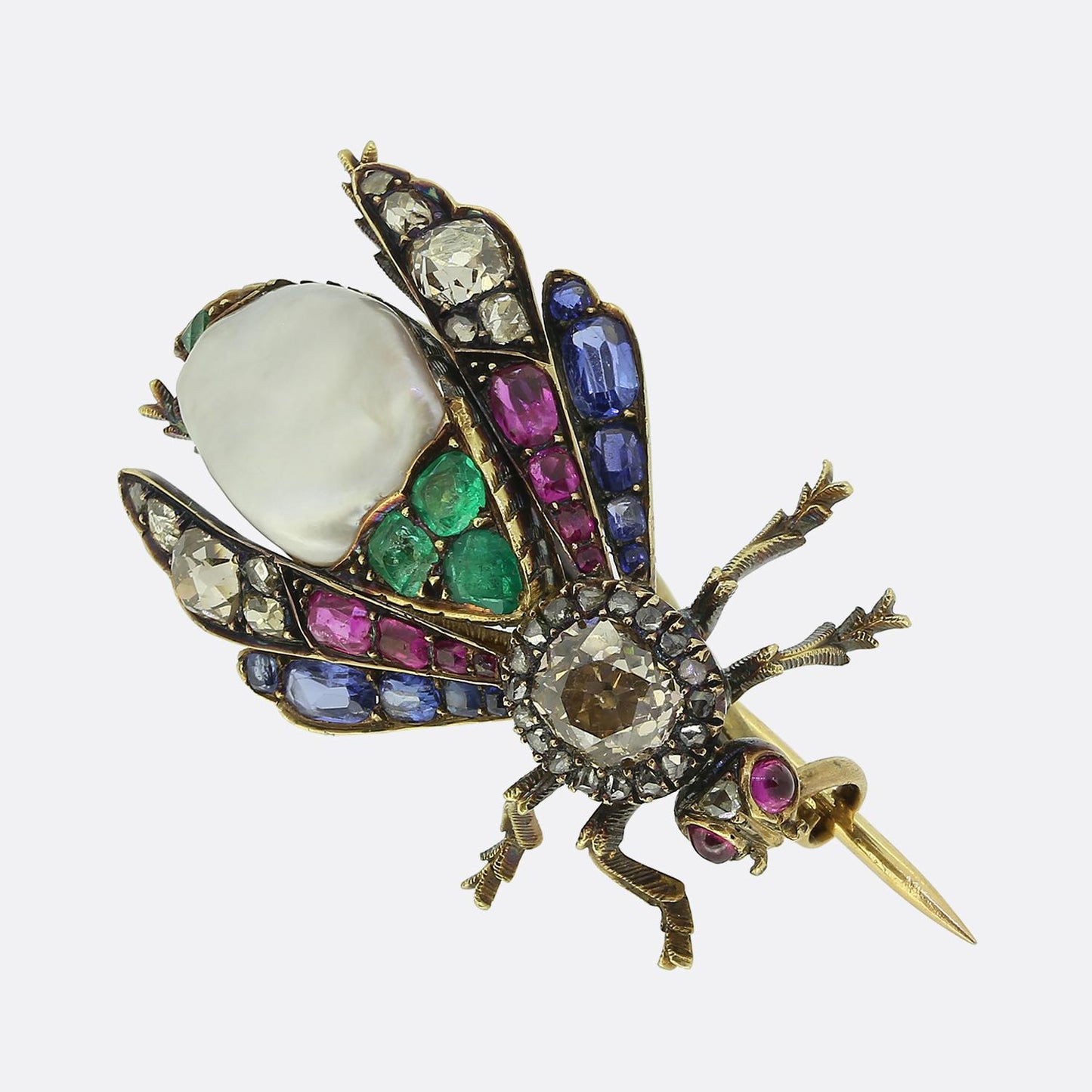 Victorian Natural Pearl Diamond Emerald Sapphire and Ruby Bug Brooch