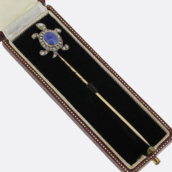 Edwardian Cabochon Sapphire and Diamond Tortoise Stick Pin