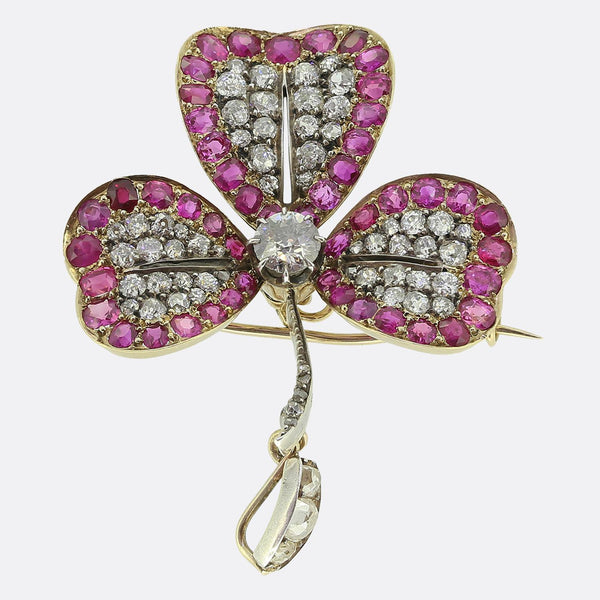 Victorian Ruby and Diamond Clover Pendant Brooch