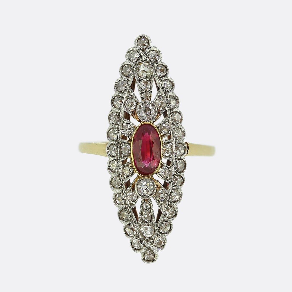 Edwardian Ruby and Diamond Navette Ring