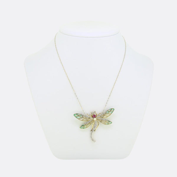 Art Nouveau Plique-A-Jour Pink Sapphire Pearl and Diamond Dragonfly Necklace