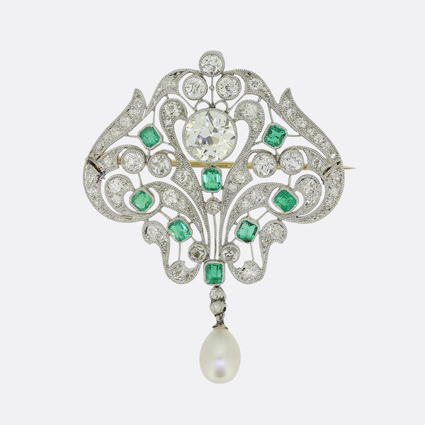 Belle Époque 1.60ct Diamond Pearl and Emerald Brooch