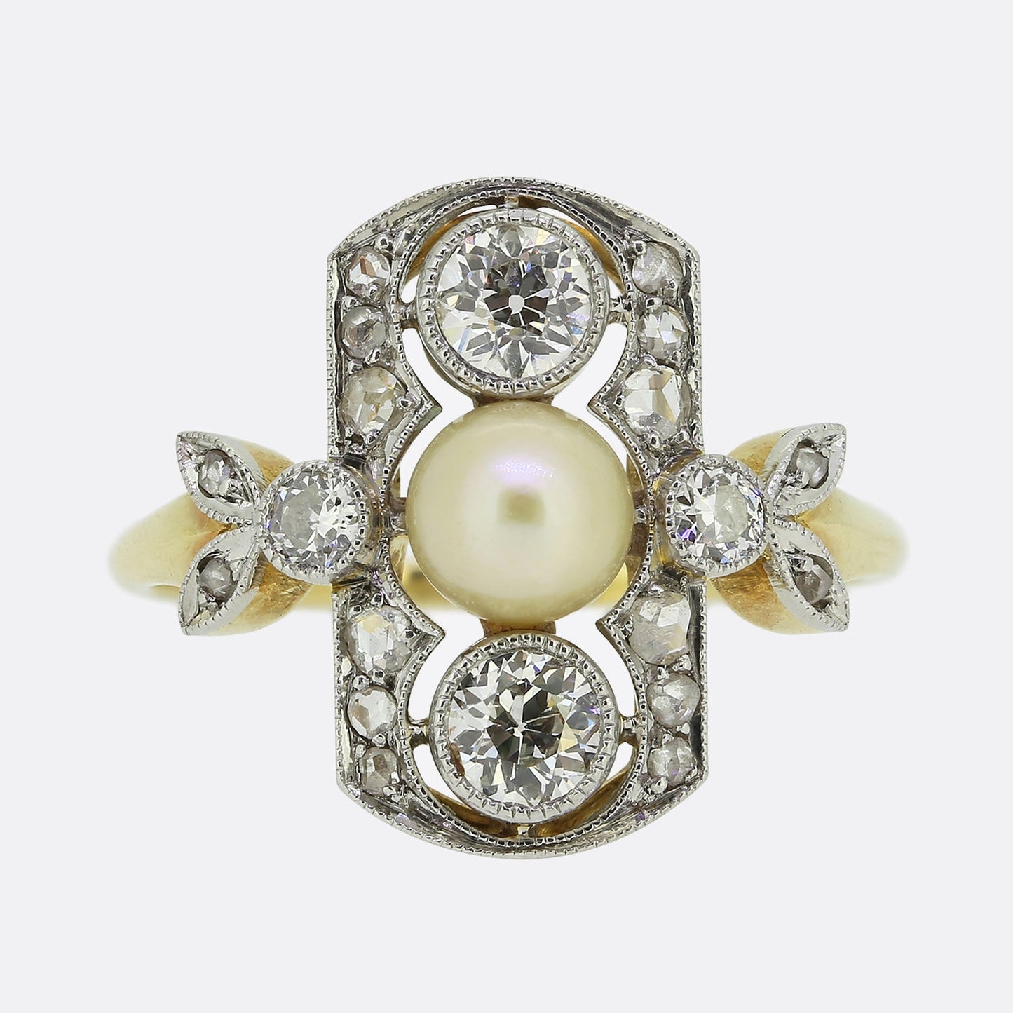 Antique Natural Pearl and Diamond Tablet Ring