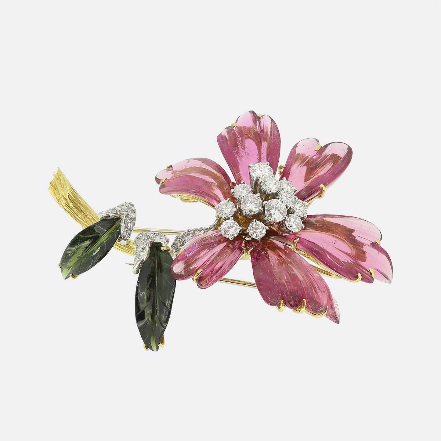 Vintage Tourmaline Emerald and Diamond Flower Brooch