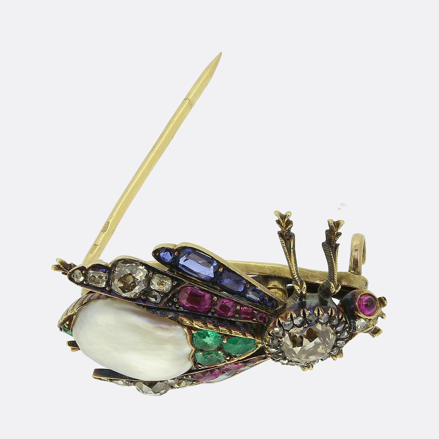 Victorian Natural Pearl Diamond Emerald Sapphire and Ruby Bug Brooch