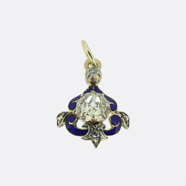 Antique Blue Enamel Old Cut Diamond Pendant