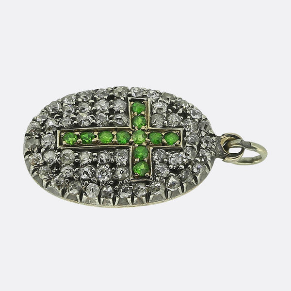 Victorian Demantoid Garnet and Diamond Cross Locket Pendant
