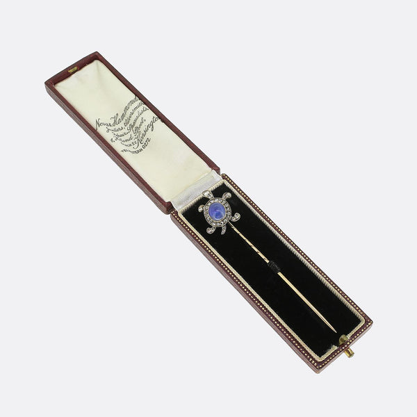 Edwardian Cabochon Sapphire and Diamond Tortoise Stick Pin