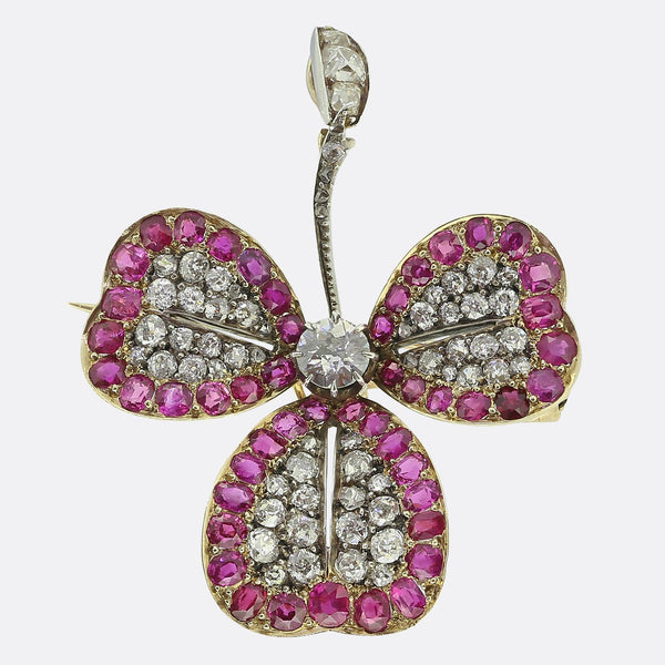 Victorian Ruby and Diamond Clover Pendant Brooch