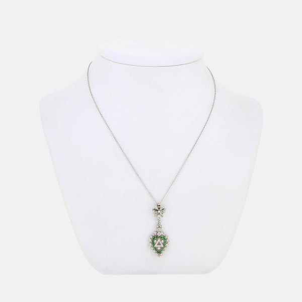Edwardian Emerald and Diamond Heart Pendant Necklace