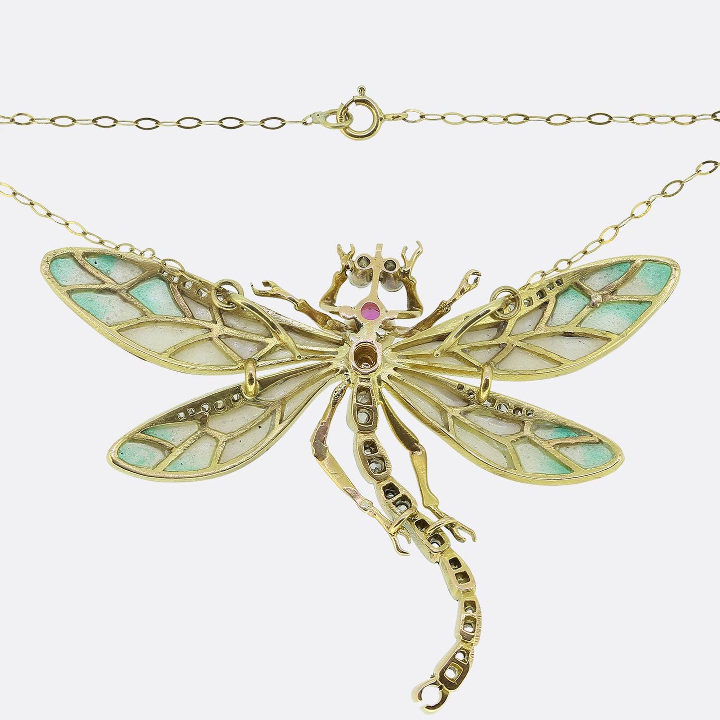 Art Nouveau Plique-A-Jour Pink Sapphire Pearl and Diamond Dragonfly Necklace