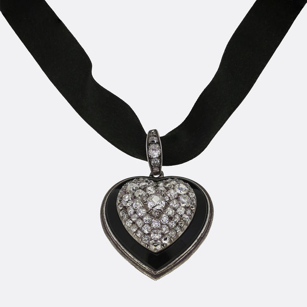Edwardian Onyx and Diamond Heart Choker Necklace