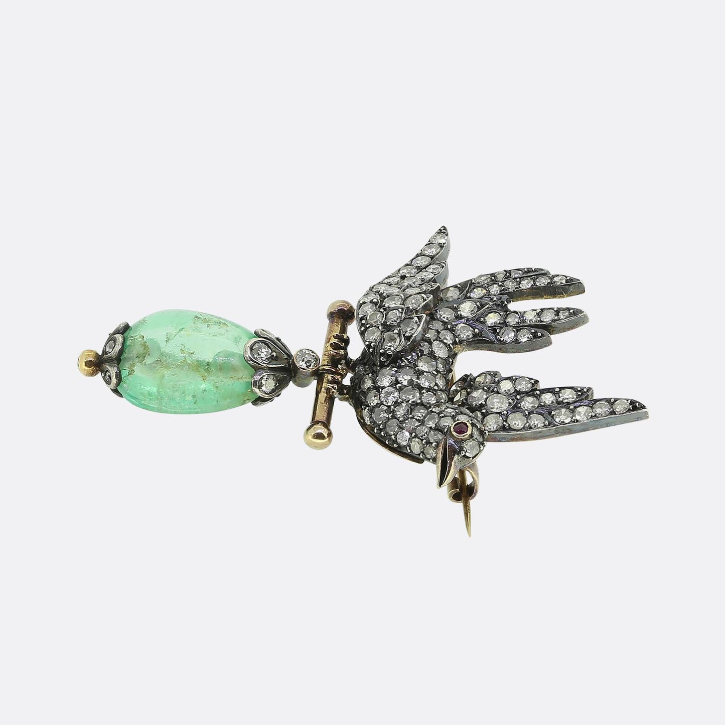 Victorian Diamond Bird and Emerald Drop Brooch