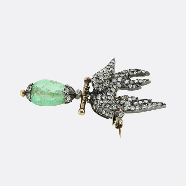 Victorian Diamond Bird and Emerald Drop Brooch