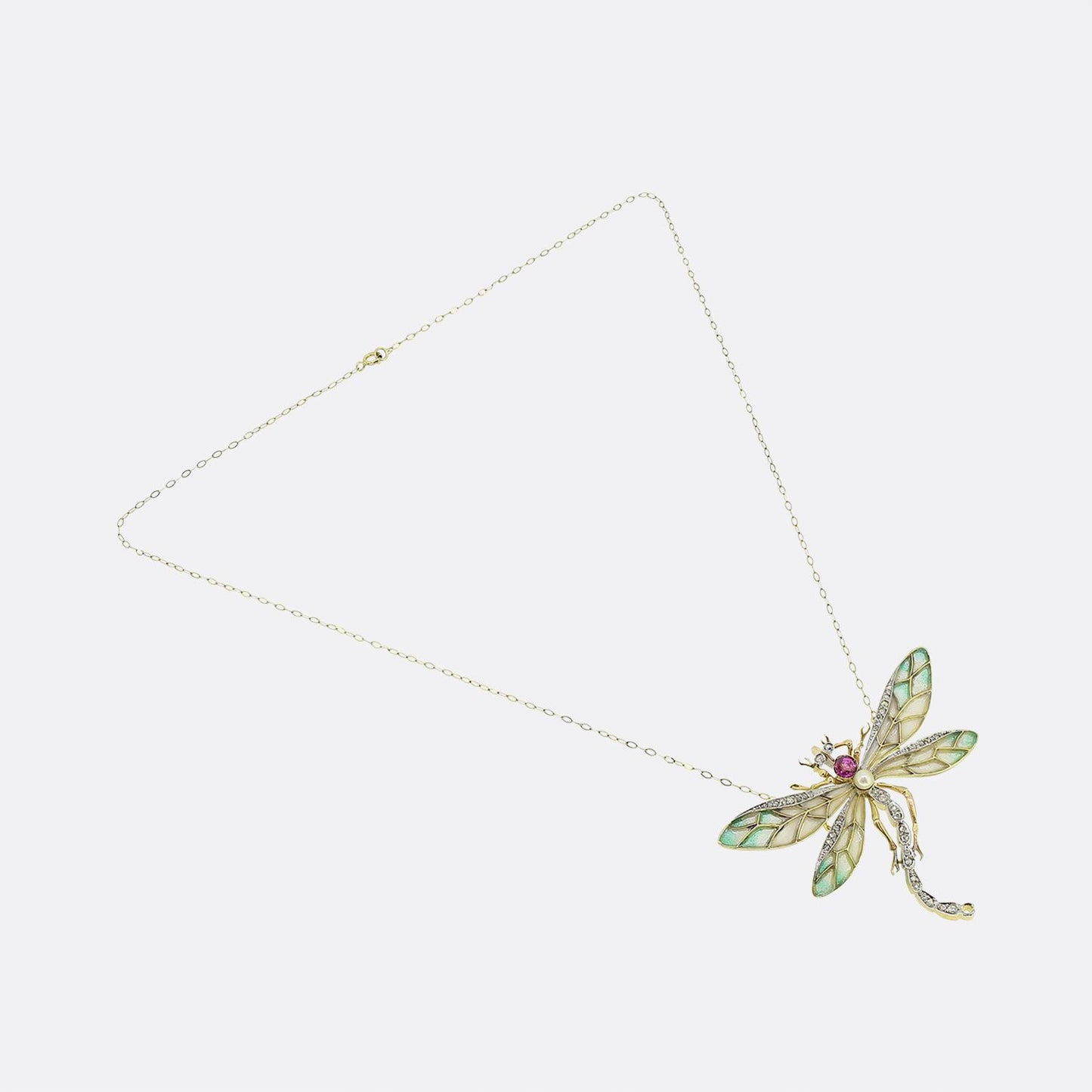 Art Nouveau Plique-A-Jour Pink Sapphire Pearl and Diamond Dragonfly Necklace