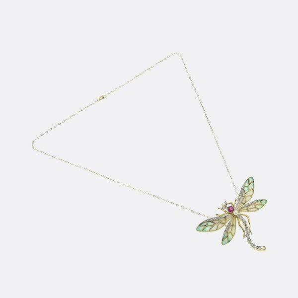 Art Nouveau Plique-A-Jour Pink Sapphire Pearl and Diamond Dragonfly Necklace