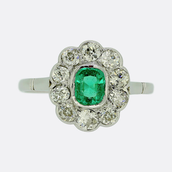 Art Deco Emerald and Old Cut Diamond Cluster Ring
