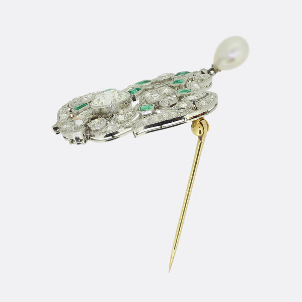 Belle Époque 1.60ct Diamond Pearl and Emerald Brooch