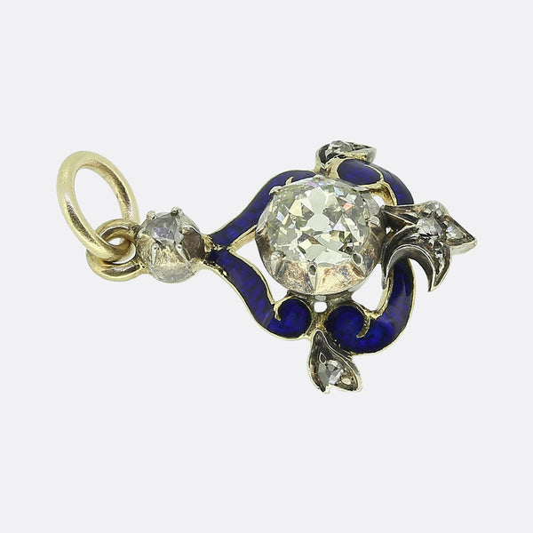 Antique Blue Enamel Old Cut Diamond Pendant