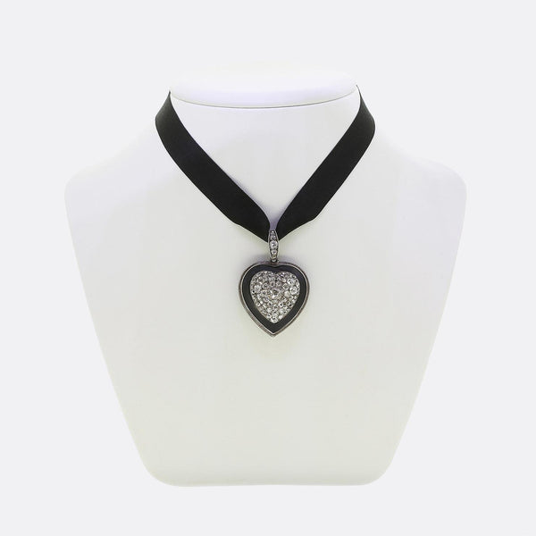 Edwardian Onyx and Diamond Heart Choker Necklace