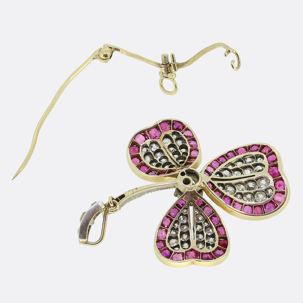 Victorian Ruby and Diamond Clover Pendant Brooch