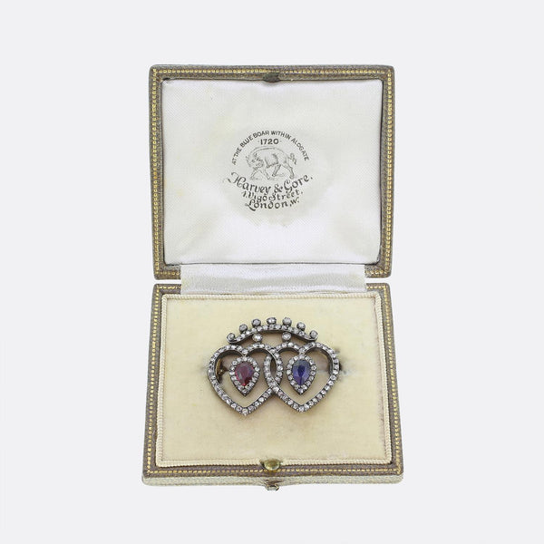 Georgian Ruby Sapphire and Diamond Love Heart Brooch