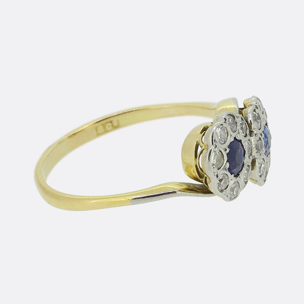 Art Deco Double Sapphire and Diamond Cluster Ring