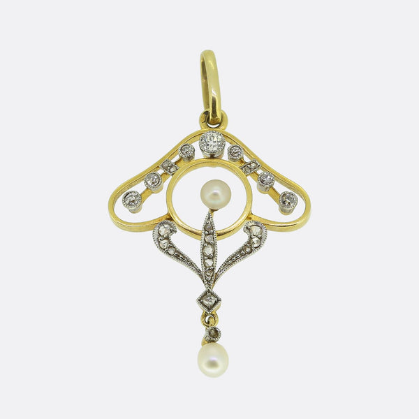 Art Nouveau Pearl and Diamond Drop Pendant