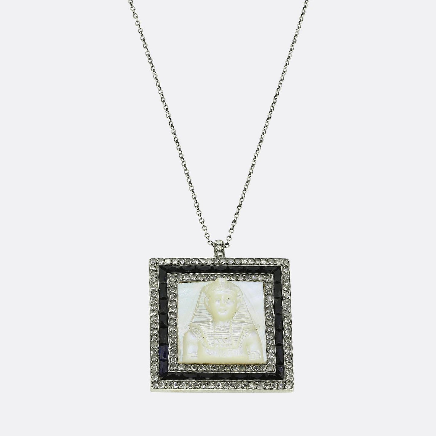 Art Deco Mother of Pearl Sapphire and Diamond Tutankhamun Pendant Necklace
