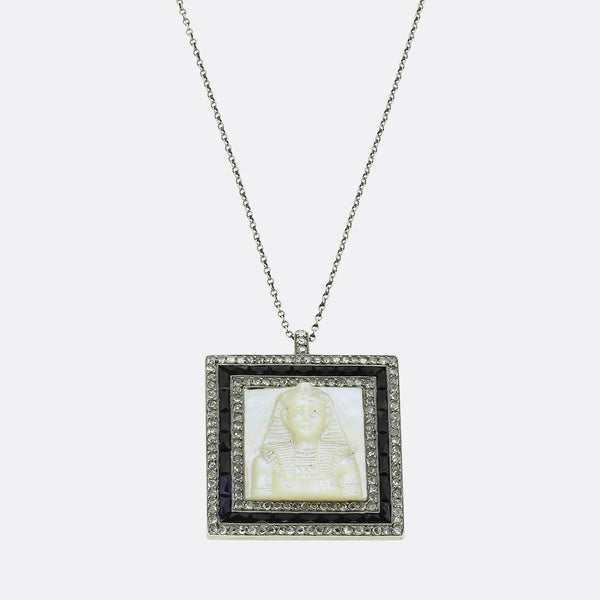 Art Deco Mother of Pearl Sapphire and Diamond Tutankhamun Pendant Necklace