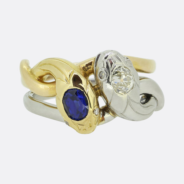 Edwardian Sapphire and Diamond Double Snake Ring