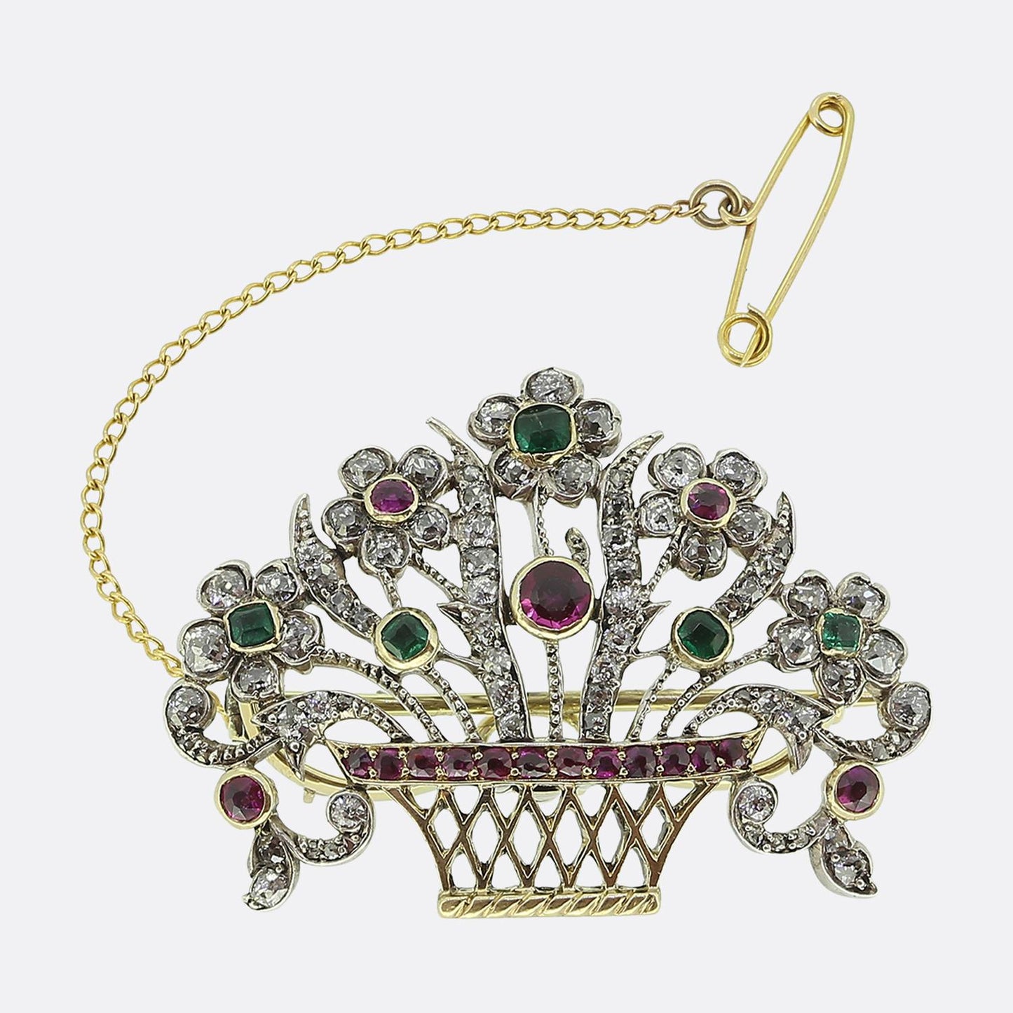 Victorian Ruby Emerald and Diamond Flower Bouquet Brooch