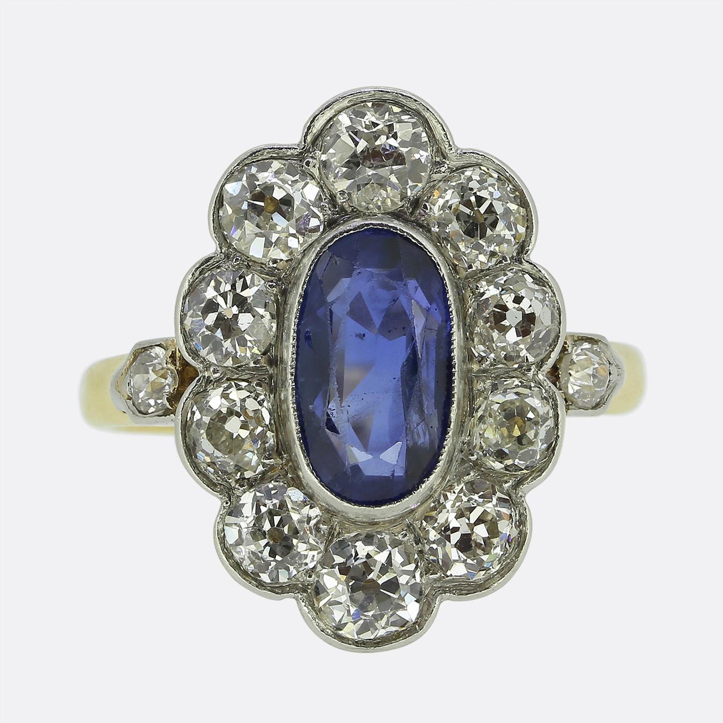 Edwardian 0.95 Carat Burmese Sapphire and Diamond Cluster Ring
