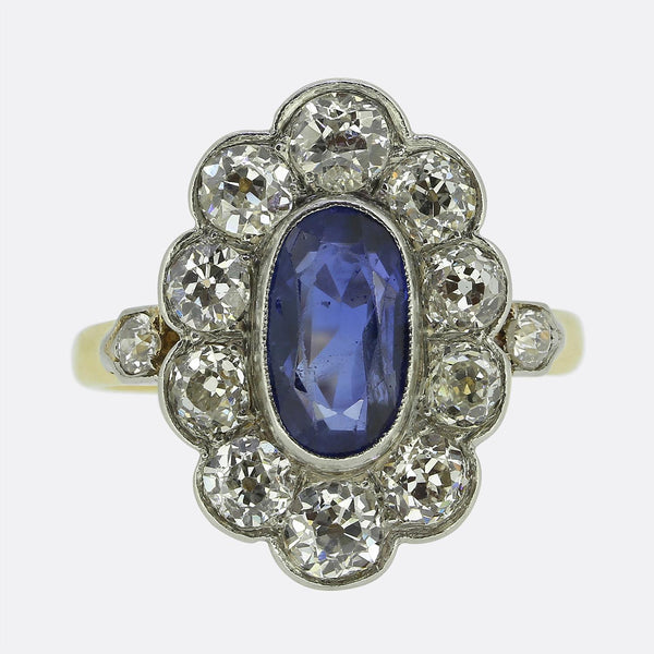 Edwardian 0.95 Carat Burmese Sapphire and Diamond Cluster Ring