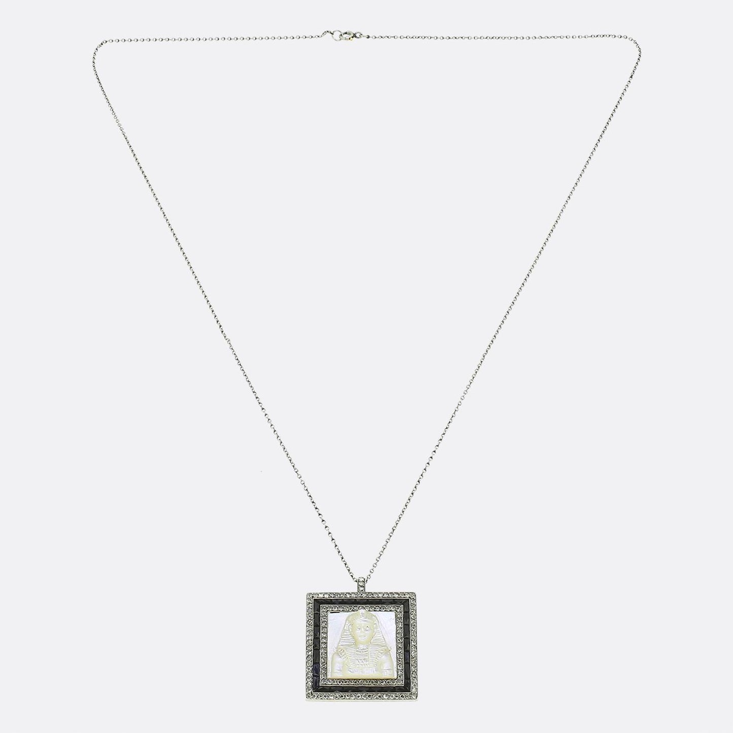 Art Deco Mother of Pearl Sapphire and Diamond Tutankhamun Pendant Necklace