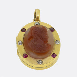 Victorian Carved Agate Ruby and Diamond Cameo Locket Pendant