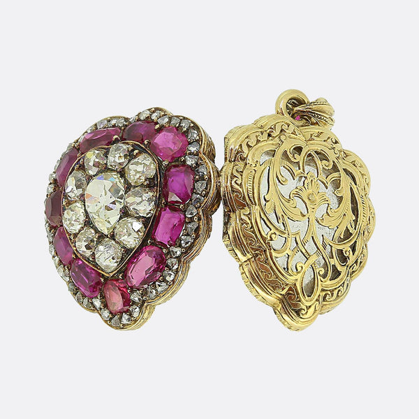 Victorian Burmese Ruby and Diamond Heart Locket Pendant