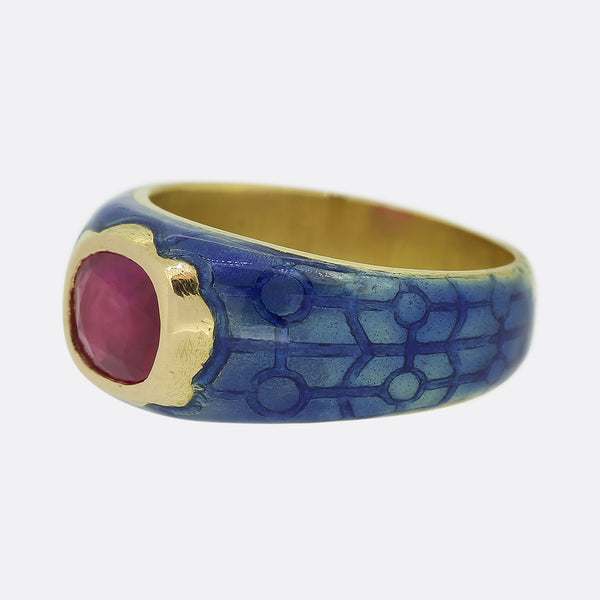 Antique Blue Enamel and Burmese Ruby Ring