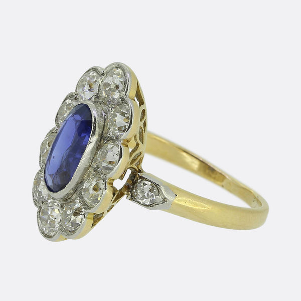 Edwardian 0.95 Carat Burmese Sapphire and Diamond Cluster Ring