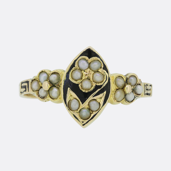 Victorian Pearl and Black Enamel Flower Ring