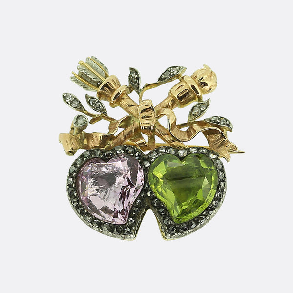 Victorian Pink Topaz and Peridot Witches Heart Brooch
