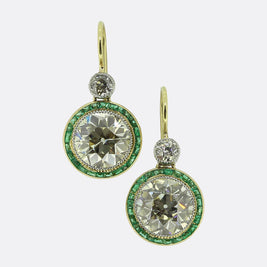 Art Deco 6.44 Carat Diamond and Emerald Drop Earrings